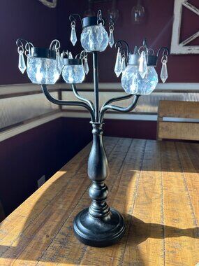 Tealight Candelabra  Candle holder  Black with Crystal prisms   5 arms   18 in t